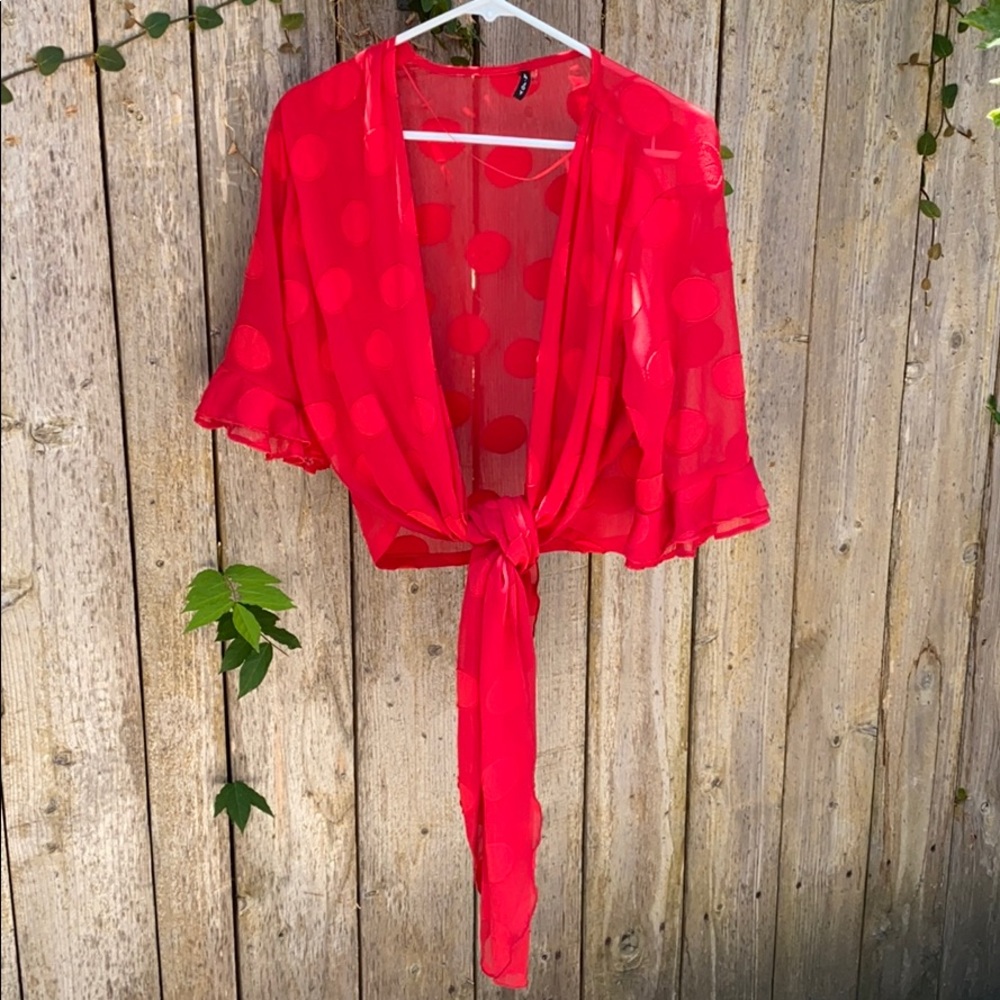 Sheer red wrap blouse super adorable